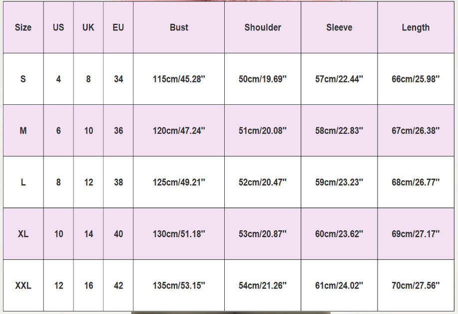 Size chart with bust, shoulder, sleeve and length measurements