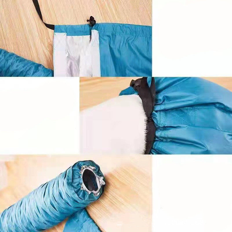 Supplier photo showing the neck drawstring, closure flap and hose end of the drying jacket