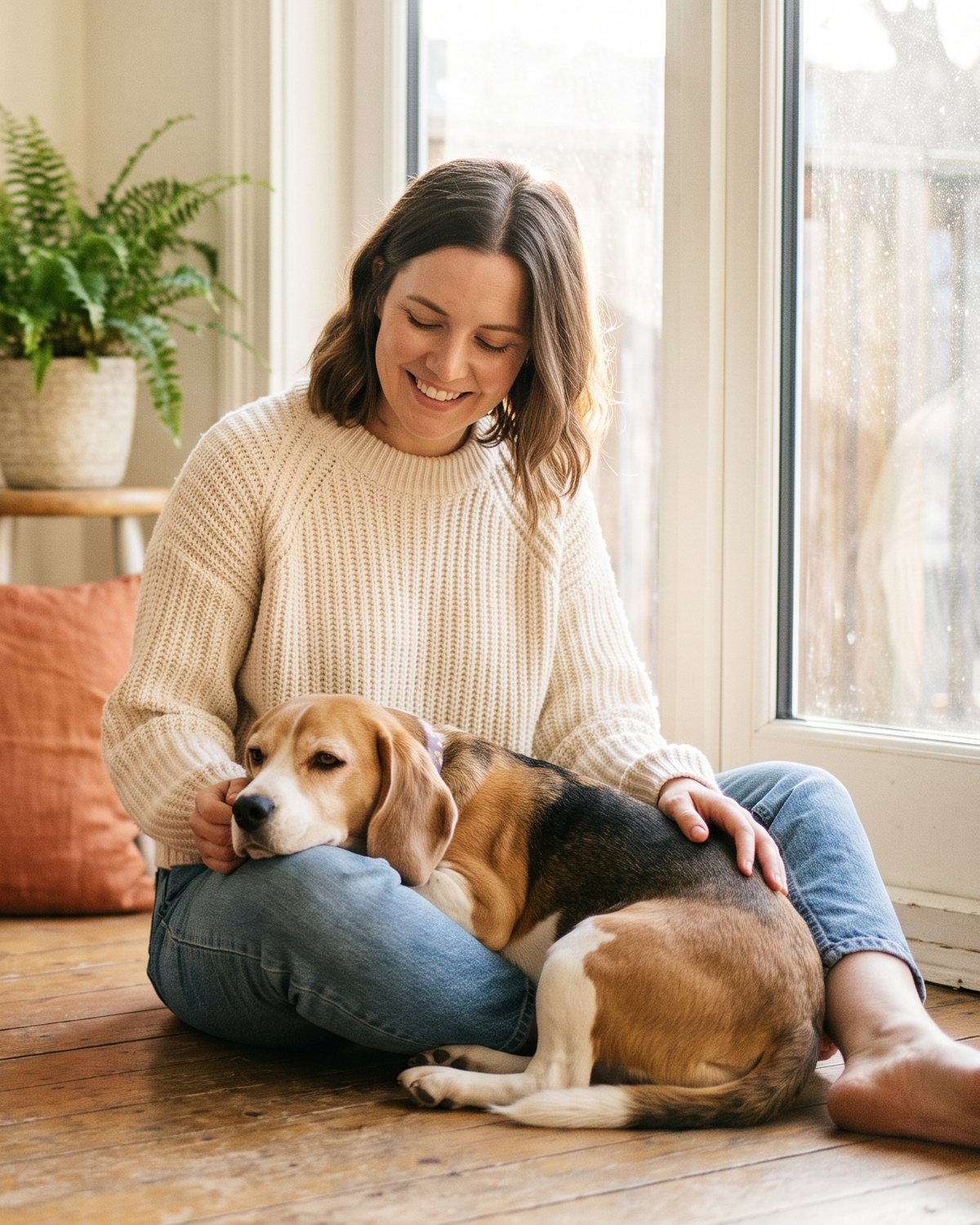 A woman sitting on the floor at home with her beagle resting against her knee