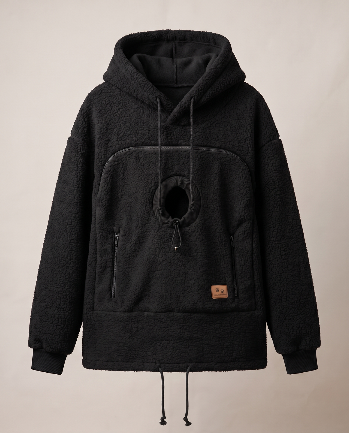 Black sherpa fleece carrier hoodie, front view, showing the round pet opening, zip pocket and hem drawcords