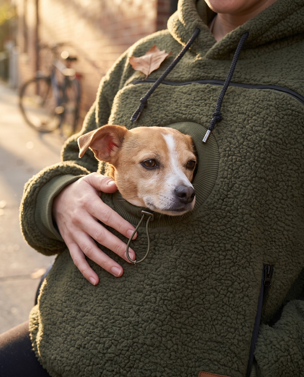 Close-up of a small dog looking out of the round opening on the army green carrier hoodie