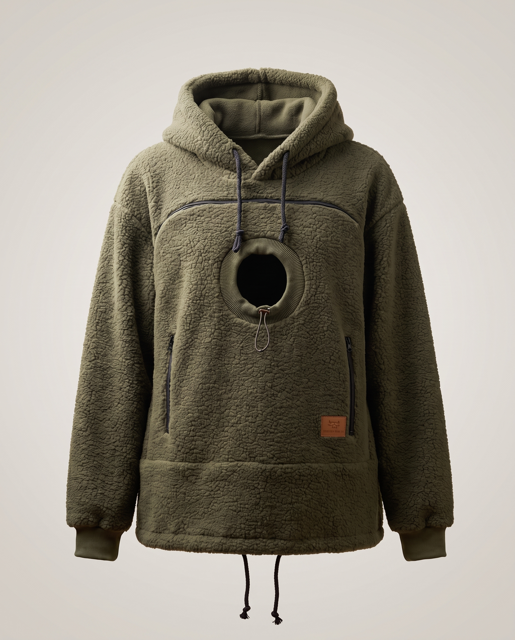 Army green sherpa fleece carrier hoodie, front view, showing the round pet opening, zip pocket and drawcords