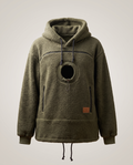 Army green sherpa fleece carrier hoodie, front view, showing the round pet opening, zip pocket and drawcords