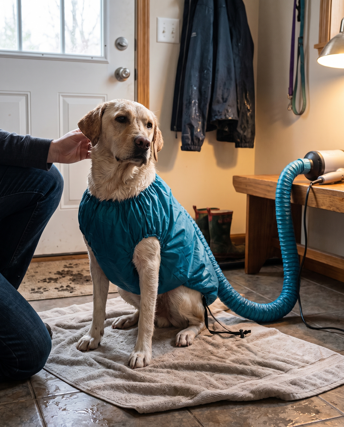 Labrador sitting in the drying jacket in a mudroom with the hose running to a hair dryer